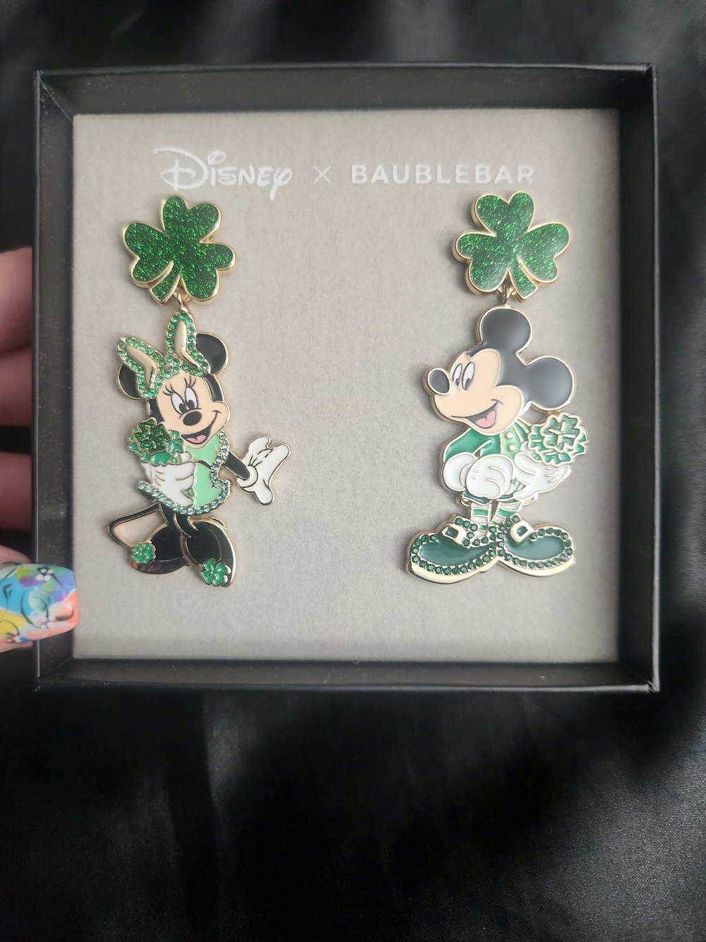 NIB Disney x BaubleBar Mickey & Minnie Shamrock dangle earrings